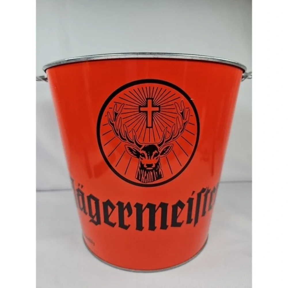 Vintage Collectible Jagermeister Ice Bucket Orange Metal Handle Barware Man Cave